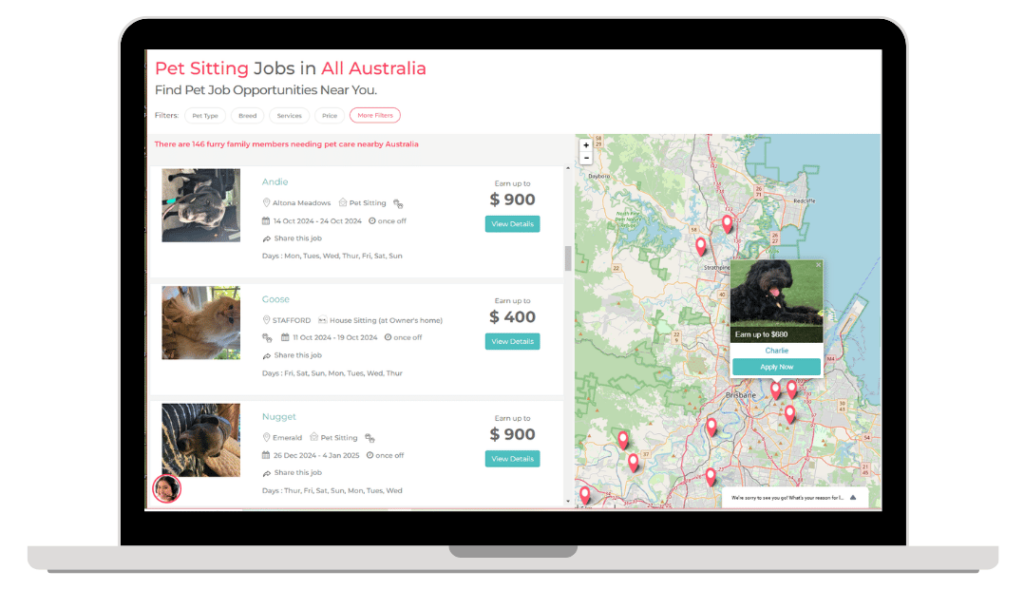 A laptop screen displays a website for pet sitting jobs in Australia. The site shows three pet sitting job listings on the left with pet photos, details, and earnings (ranging from $400 to $900). A map on the right side indicates job locations with map pins, connecting users to vital Crisis Support Pet Care services.