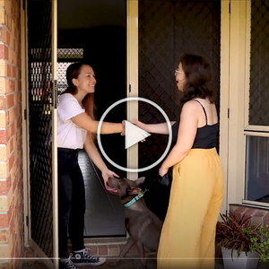 Two women are greeting each other with a handshake at the front door of a house, signifying the beginning of much-needed crisis support. One woman is holding a dog by its leash. Both seem happy, and the doorway is framed by brick walls and a screen door. A play button overlay is displayed at the center.