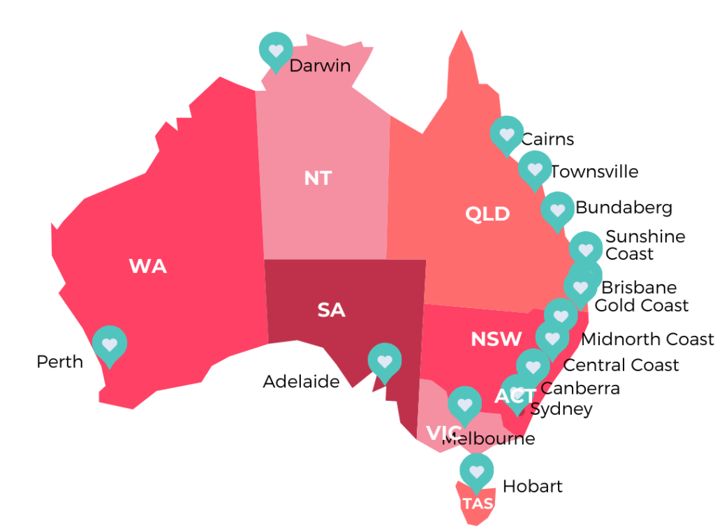 A map of Australia highlighting key locations, including Perth, Darwin, Cairns, Townsville, Bundaberg, Sunshine Coast, Brisbane, Gold Coast, Mid North Coast, Central Coast, Sydney, Canberra, Melbourne, Adelaide and Hobart. Each location is marked with a pin for easy reference in crisis support situations.