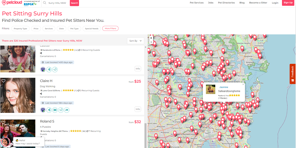 Explore PetCloud's webpage for Surry Hills, NSW, where you can start a side hustle with pet sitting. The interactive map highlights numerous local pet sitters. Browse profiles in the sidebar, featuring ratings and prices starting at $25 for nearby pet services.