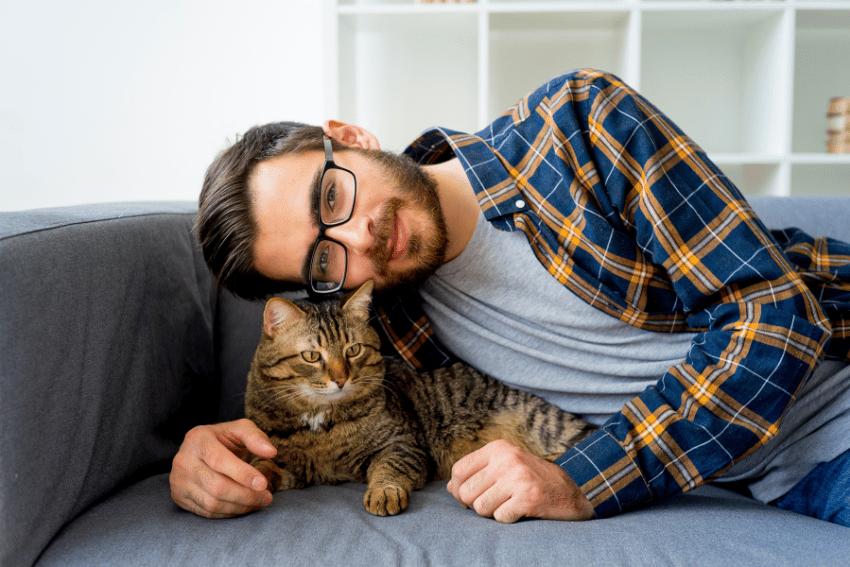 A man with glasses and a beard is lying on a gray couch, smiling while cuddling a tabby cat. Sporting a plaid shirt over a gray t-shirt, he embodies the comfort and care you'd find at Affordable Long-Term Pet Boarding in Sydney. The background features a white shelving unit.