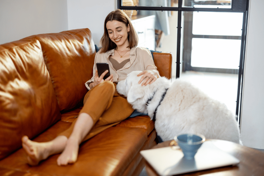 A woman sits on a brown leather couch, smiling at her smartphone, as her large fluffy white dog rests its head on her lap. Nearby, a blue cup and open laptop suggest she's exploring affordable pet boarding in Adelaide. The bright, cozy room adds to the delightful scene.